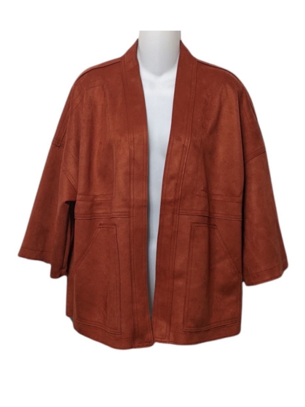 NWT JOAN VASS Faux Suede Cut and Sewn Open Front Cardigan S